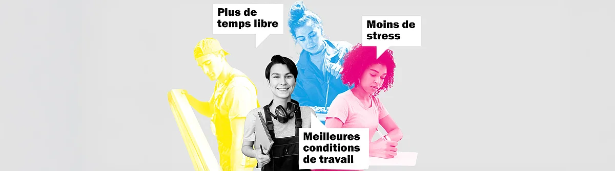 Quatre jeunes travailleur-euse-s de différents métiers sont assis côte à côte, accompagnés de bulles de parole contenant les revendications «Plus de temps libre», «Moins de stress» et «Meilleures conditions de travail».