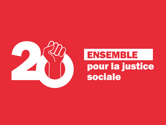 Logo du 5e congrès ordinaire du syndicat Unia: en écriture blanche sur fond rouge, un poing sort du chiffre zéro du nombre vingt. À droite de ce montage, le slogan «ENSEMBLE pour la justice sociale».