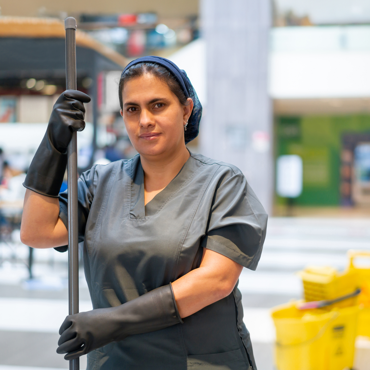 Eine Reinigungsangestellte in Arbeitskleidung steht in einem Einkaufszentrum und hält einen Wischmopp. 