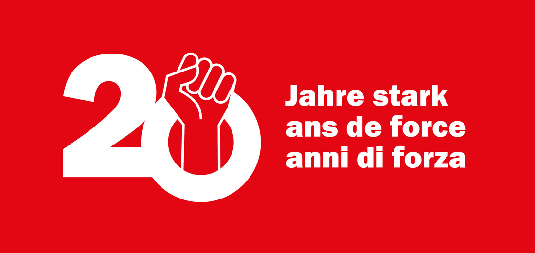 20-Jahr-Jubiläumslogo der Unia mit einer Faust in der Zahl null.
