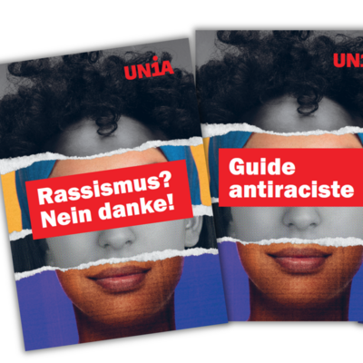 Drei Broschüren der Gewerkschaft Unia mit einer Collage aus farbigen und schwarz-weissen Gesichtsteilen. Titel: «Rassismus? Nein danke!», «Guide antiraciste», «Razzismo? No grazie.»