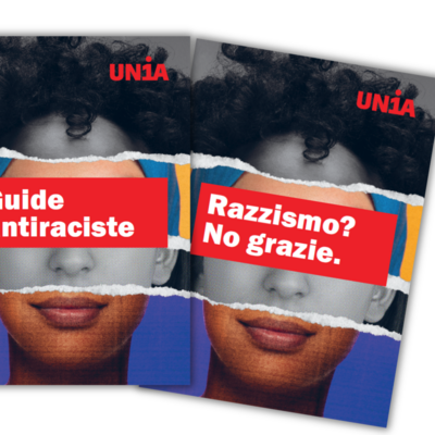 Tre opuscoli del sindacato Unia con un collage di volti a colori e in bianco e nero. Titoli: «Rassismus? Nein danke!», «Guide antiraciste», «Razzismo? No grazie.»