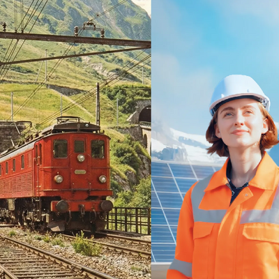 Visuale dell'iniziativa sul fondo per il clima: a sinistra un vecchio treno che esce da una galleria. A destra una donna con un casco davanti a pannelli solari.