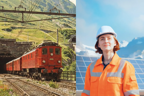Visuale dell'iniziativa sul fondo per il clima: a sinistra un vecchio treno che esce da una galleria. A destra una donna con un casco davanti a pannelli solari.