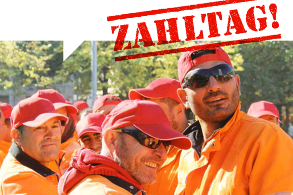 Selbstbewusste Bauarbeiter mit Unia Dächlikappen