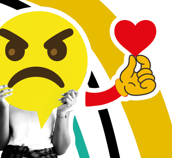 Frabiges Visual diversen Elementen: junge Schreinerin am Arbeiten, Jugenlicher mit Kopfhörer am Compi, wütendes Emoji mit Herz, herziges Gespänst mir Unia-Fahne 