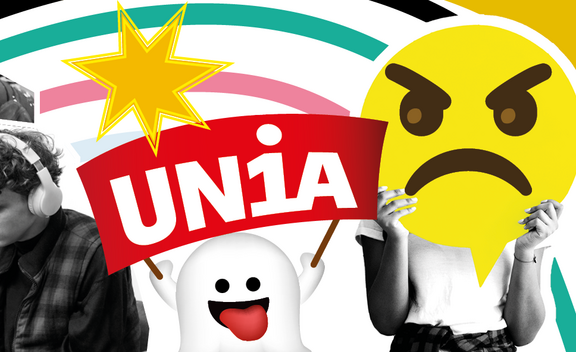 Frabiges Visual diversen Elementen: junge Schreinerin am Arbeiten, Jugenlicher mit Kopfhörer am Compi, wütendes Emoji mit Herz, herziges Gespänst mir Unia-Fahne 