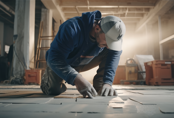 Piastrellista inginocchiato a terra al lavoro