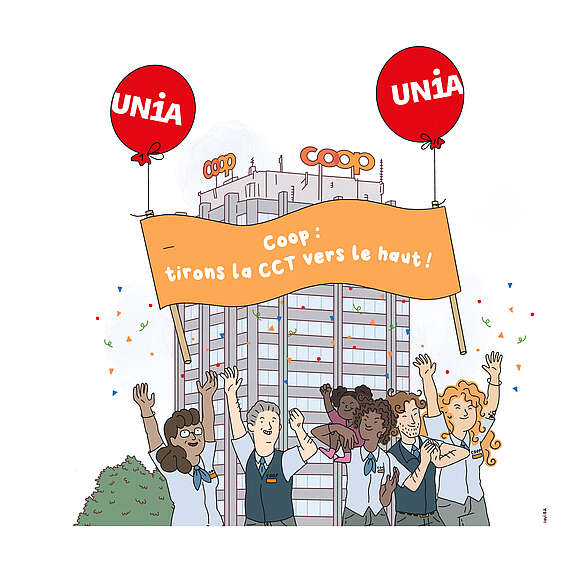 Bannière s'élevant dans le ciel sur un ballon «Coop: tirons la CCT vers la haut!»