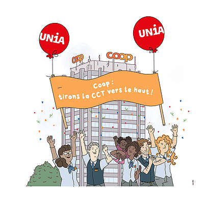 Bannière s'élevant dans le ciel sur un ballon «Coop: tirons la CCT vers la haut!»