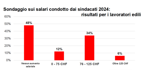 Grafico: aumento salariale per lavoratori edili per 2024: nessuno 48%, 0-75 CHF: 12%, 76-125 CHF: 34%, oltre 125 CHF: 6%
