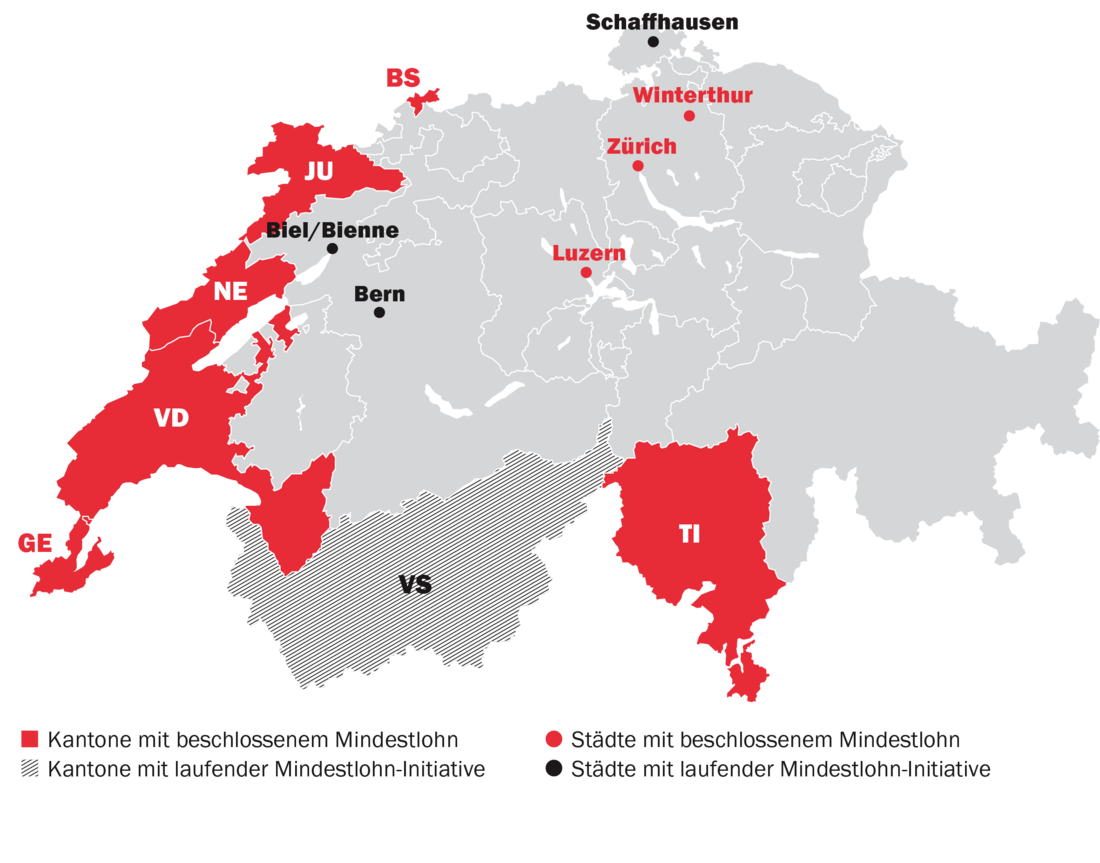 Karte mit regionalen Mindeslöhnen in der Schweiz