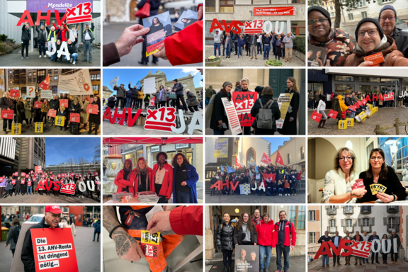 Collaggio di 12 foto della campagna per una tredicesima mensilità AVS