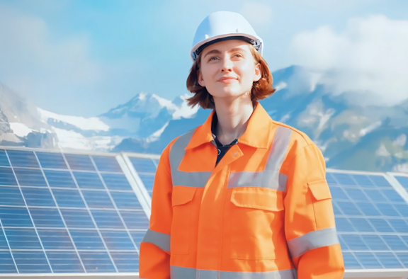 Visuale dell'iniziativa sul fondo per il clima: una donna con un casco davanti a pannelli solari.