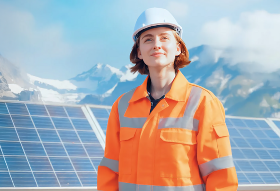 Visuel de l'initiative pour un fonds climat: une femme porte un casque de chantier devant des panneaux solaires.