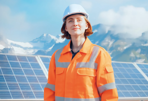 Das Bild zeigt eine Frau mit Bauhelm vor grossen Solarpanels – Symbol für ökologische Investitionen der Klimafonds‑Initiative
