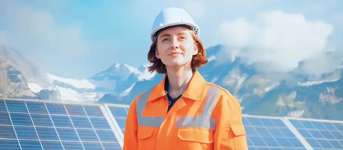 Visuale dell'iniziativa sul fondo per il clima: una donna con un casco davanti a pannelli solari.