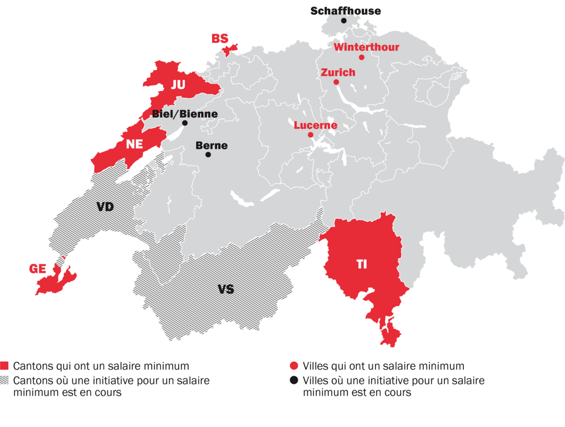 Carte avec les salaires minimums régionaux en Suisse