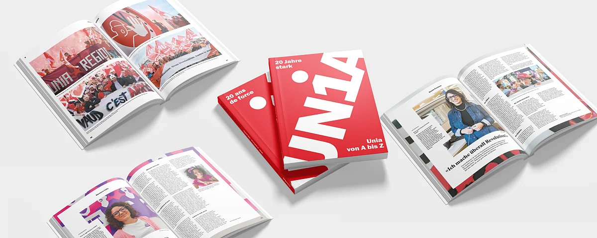 Offene und geschlossene Exemplare des Buches «20 Jahre stark. Unia von A bis Z»