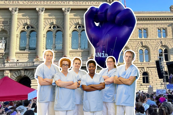 Eine Gruppe von Pflegenden, die am feministischen Streik vor dem Bundeshaus steht.