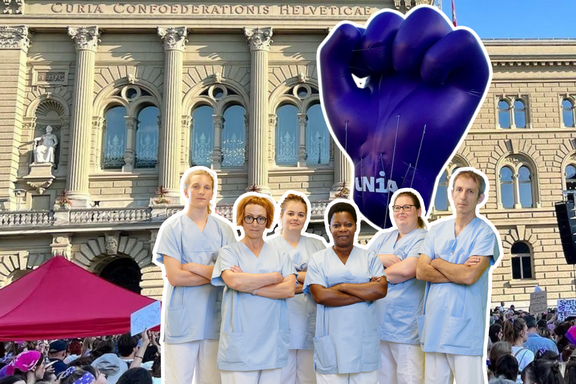 Un groupe de soignantes et de soignants se tient debout devant le Palais fédéral lors de la grève féministe.