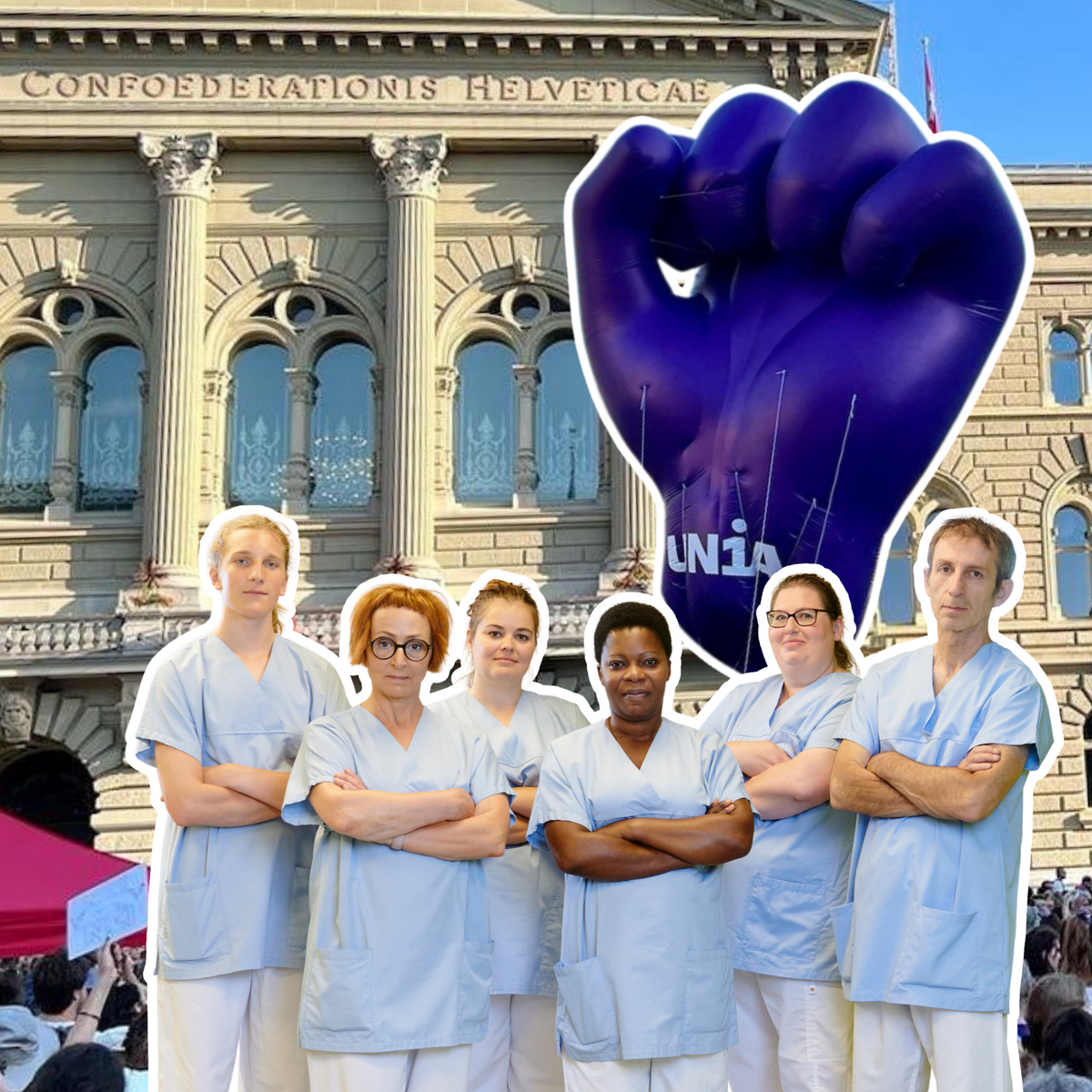 Eine Gruppe von Pflegenden, die am feministischen Streik vor dem Bundeshaus steht.