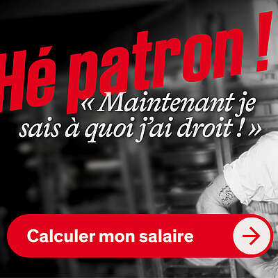 Une cuisinière en tenue de travail avec le texte «Hé chef! Je sais maintenant ce à quoi j’ai droit.» et le bouton «Calculez votre salaire». 