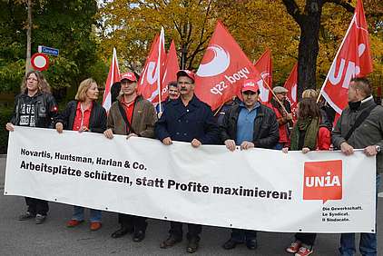 Azione di Unia nel 2011 contro la massimizzazione dei profitti nell’industria farmaceutica sulle spalle dei dipendenti