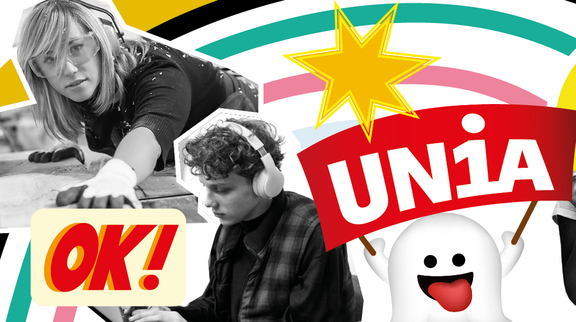 Visuel en couleur avec divers éléments: jeune menuisière au travail, jeune avec des écouteurs sur son ordinateur, emoji en colère avec un cœur, personne chaleureuse avec un drapeau Unia. 