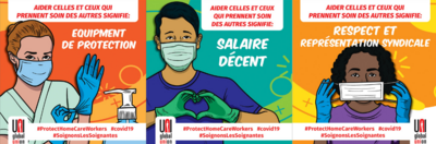Trois images de soignants avec des équipements de protection: Équipement de protection. Salaire décent. Respect et représentation syndiale.