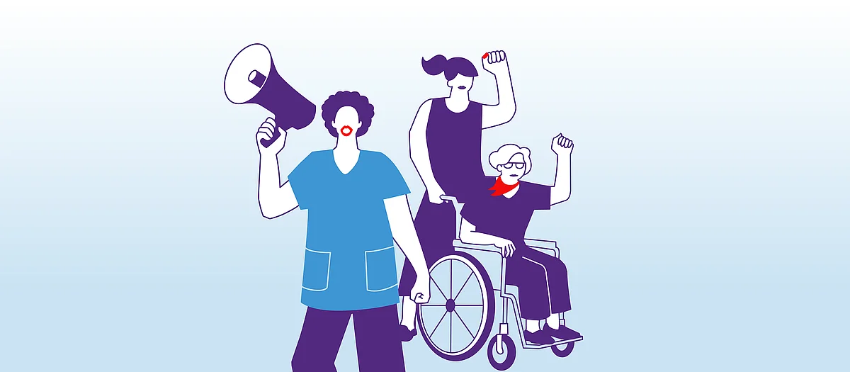 Zeichnung einer Pflegenden, einer solidarischen Frau und einer älteren Person im Rollstuhl, die gemeinsam mit erhobenen Fäusten für eine gute Pflege und Betreuung kämpfen.