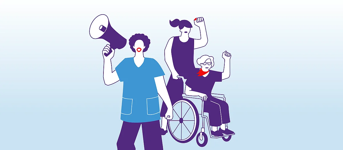 Illustration représentant une soignante, une femme solidaire et une personne âgée en fauteuil roulant, qui luttent ensemble, les poings levés, pour des soins et un accompagnement de qualité.