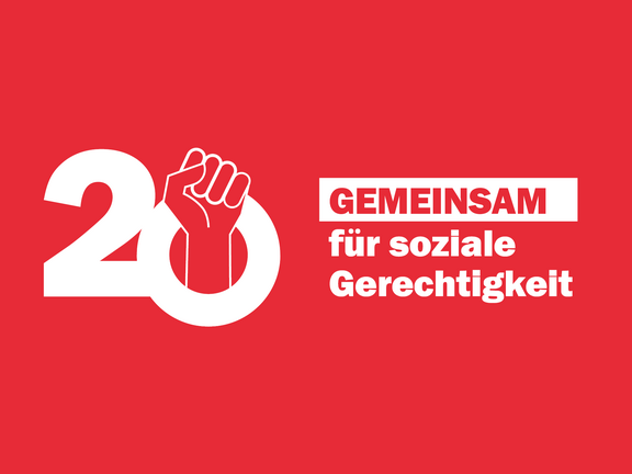 Logo des Unia-Kongresses 2025: Die Zahl 20 mit einer Faust, die aus der 0 herausragt