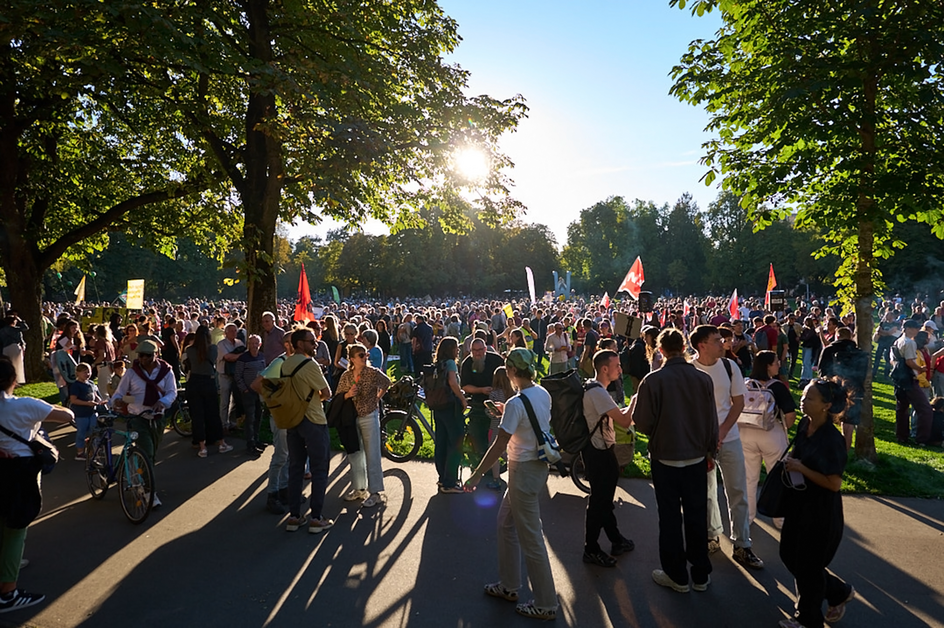Une grande foule rassemblée dans un parc bordé de grands arbres.