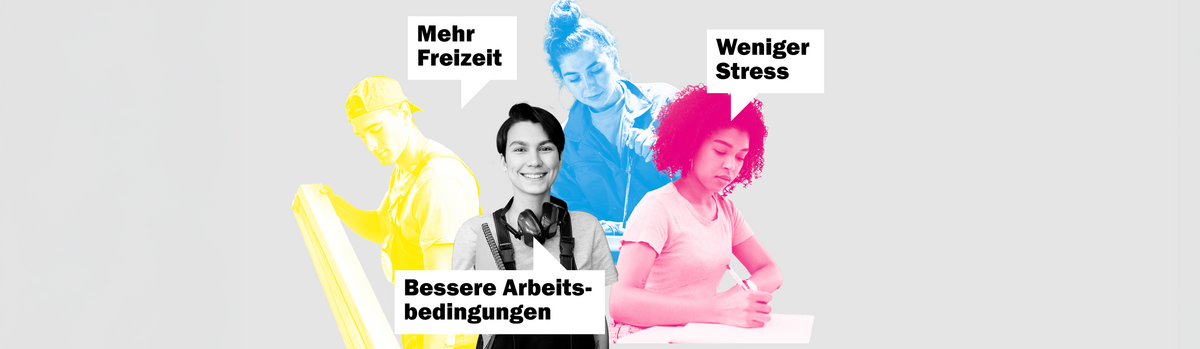 Vier junge Arbeitnehmende aus verschiedenen Berufen stehen nebeneinander, begleitet von Sprechblasen mit den Forderungen «Mehr Freizeit», «Weniger Stress» und «Bessere Arbeitsbedingungen».