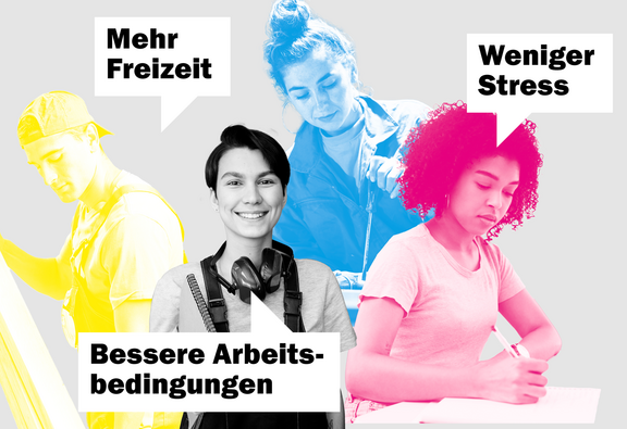 Vier junge Arbeitnehmende aus verschiedenen Berufen stehen nebeneinander, begleitet von Sprechblasen mit den Forderungen «Mehr Freizeit», «Weniger Stress» und «Bessere Arbeitsbedingungen».
