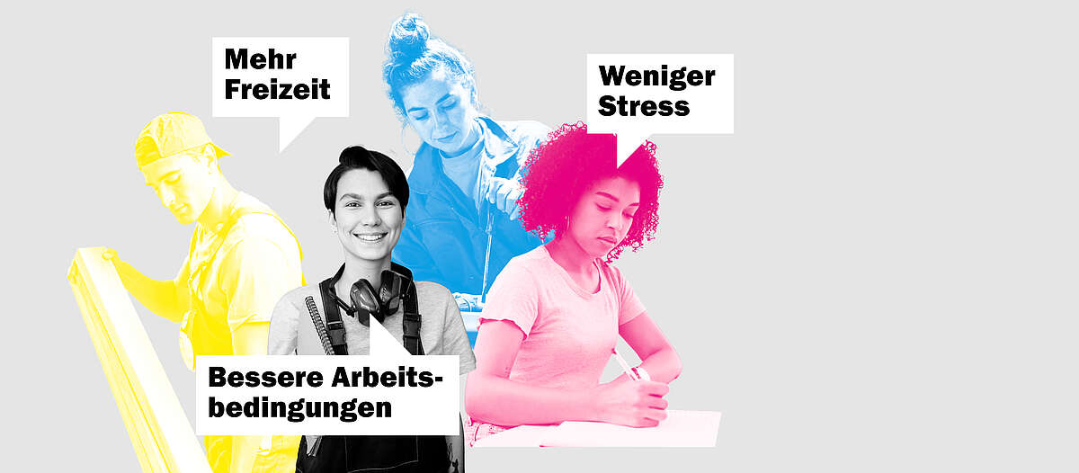 Vier junge Arbeitnehmende aus verschiedenen Berufen stehen nebeneinander, begleitet von Sprechblasen mit den Forderungen «Mehr Freizeit», «Weniger Stress» und «Bessere Arbeitsbedingungen».