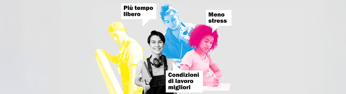 Quattro giovani lavoratori di diversi settori sono seduti uno accanto all’altro, accompagnati da bolle di parole che contengono le rivendicazioni «Più tempo libero», «Meno stress» e «Migliori condizioni di lavoro».