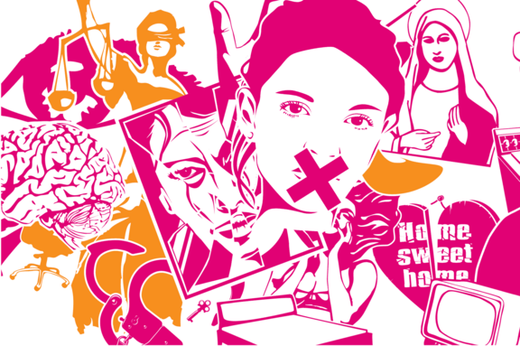 Collage mit Frauen die leiden, eine hat einen zugeklebten Mund.