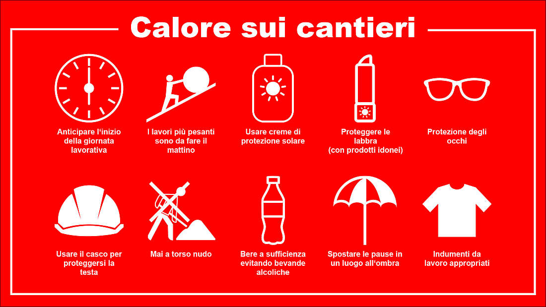 Un grafico intitolato «Calore nei cantieri» mostra 10 simboli con le relative istruzioni: anticipare l'inizio della giornata lavorativa, eseguire lavori pesanti il mattino, applicare la crema solare, proteggere le labbra, proteggere gli occhi, portare il casco, non lavorare a torso nudo, bere molto, trascorrere le pause in un luogo ombreggiato, indossare indumenti appropriati.