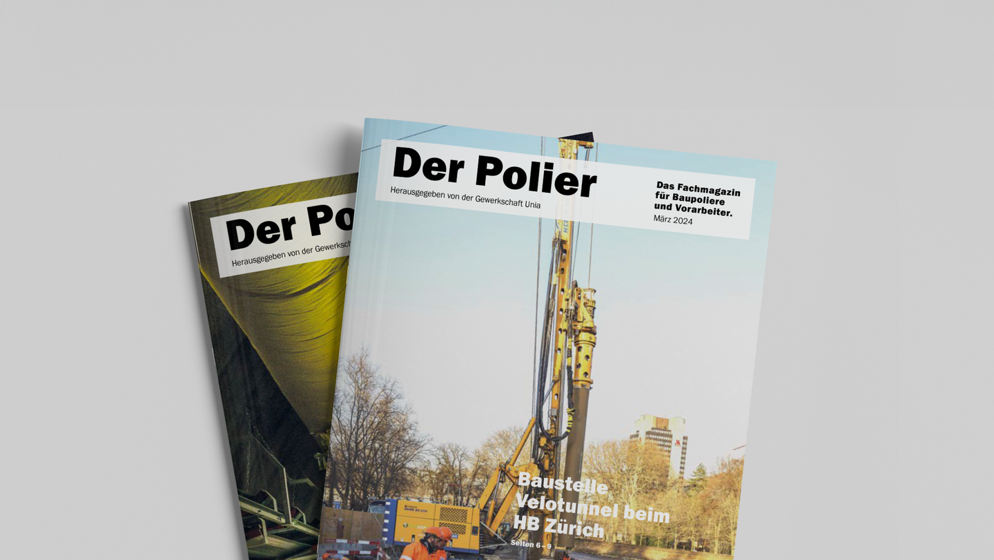 Der Polier ist unser Fachmagazin für Baupoliere und Vorarbeiter und erscheint zwei Mal im Jahr. Zwei Ausgaben des Fachmagazins "Der Polier" auf einem Tisch