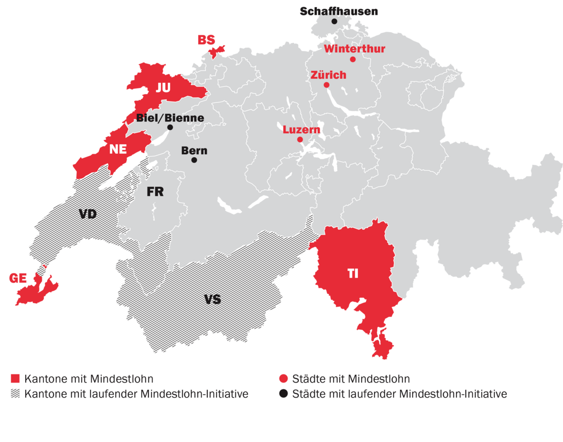 Karte mit regionale Mindeslöhne in der Schweiz