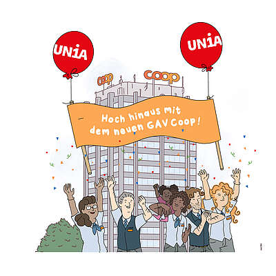 Transparent, welches an Ballon in den Himmel steigt «Hoch hinaus mit dem neuen GAV Coop!»