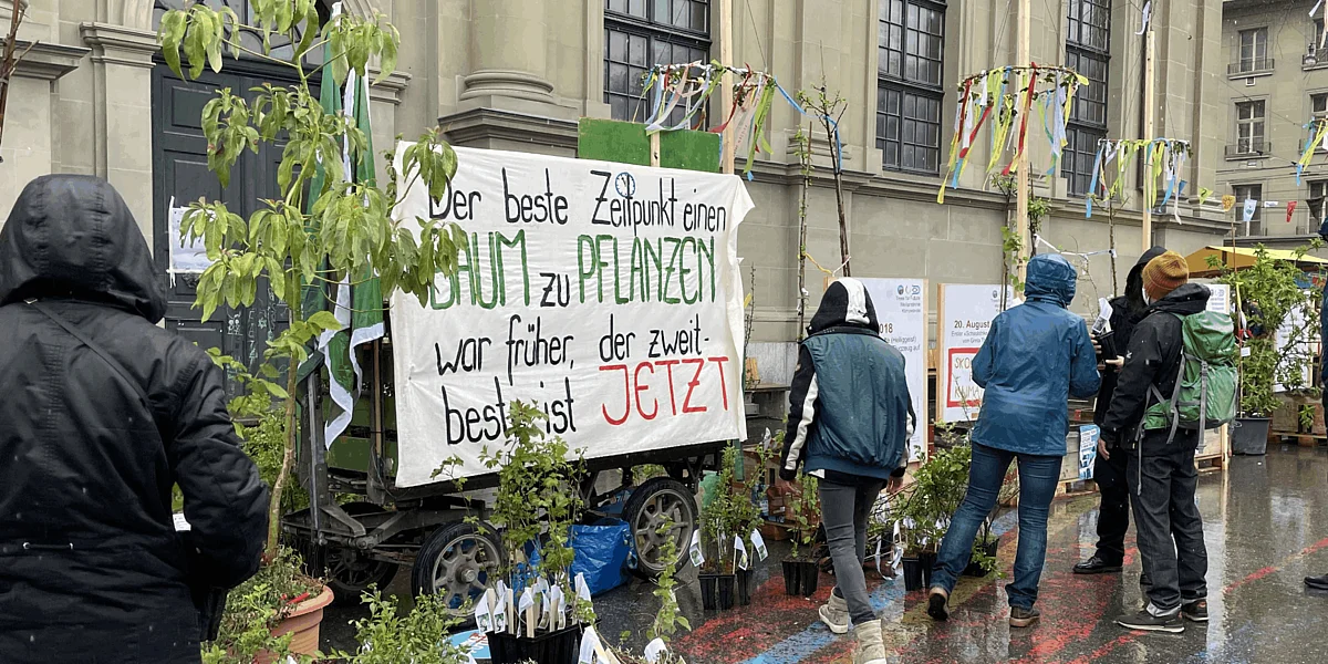 Mehrere Personen stehen bei Regen vor einem mit Pflanzen geschmückten Transparent mit dem Text: «Der beste Zeitpunkt einen Baum zu pflanzen war früher, der zweitbeste ist JETZT»