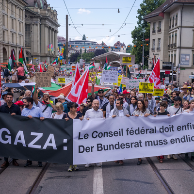 Menschen mit Fronttranspi an der Demo vom 21. Juni 2025: 