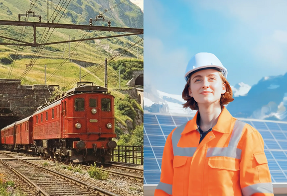 Visuel de l'initiative pour un fonds climat: à gauche, un vieux train sort d'un tunnel. A droite, une femme porte un casque de chantier devant des panneaux solaires.