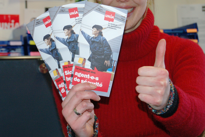 Flyer d'Unia per dipendenti del ramo dei servizi di sicurezza privati 