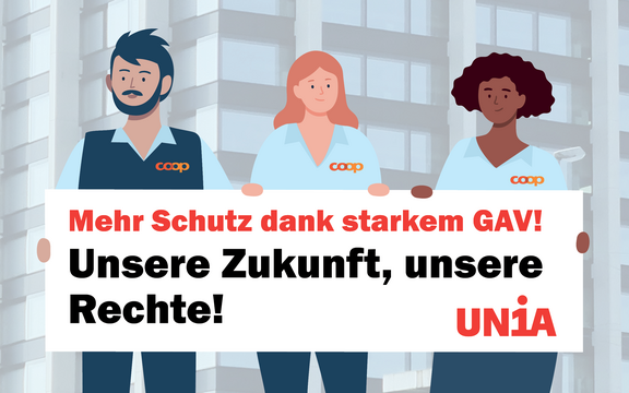 Grafik von 3 Menschen in Coop-Uniform. Sie halten ein Transparent auf dem in grossen Buchstaben steht steht: