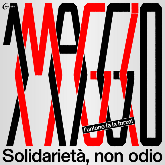 Manifesto del 1° maggio 2025: testo «1° maggio»; le lettere rosse e nere sono intrecciate come persone in fila che si tengono a braccetto. Sotto c'è scritto: «Solidarietà, non odio».