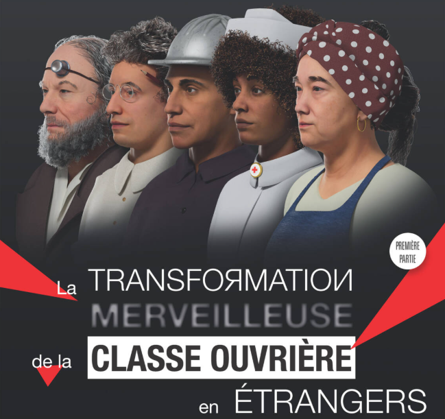 Extrait de l'affiche du film "La transformation merveilleuse de la classe ouvrière en étrangers" sur fond noir, avec un graphisme en typographie blanche et rouge. Le titre est partiellement flouté pour un effet visuel marquant.